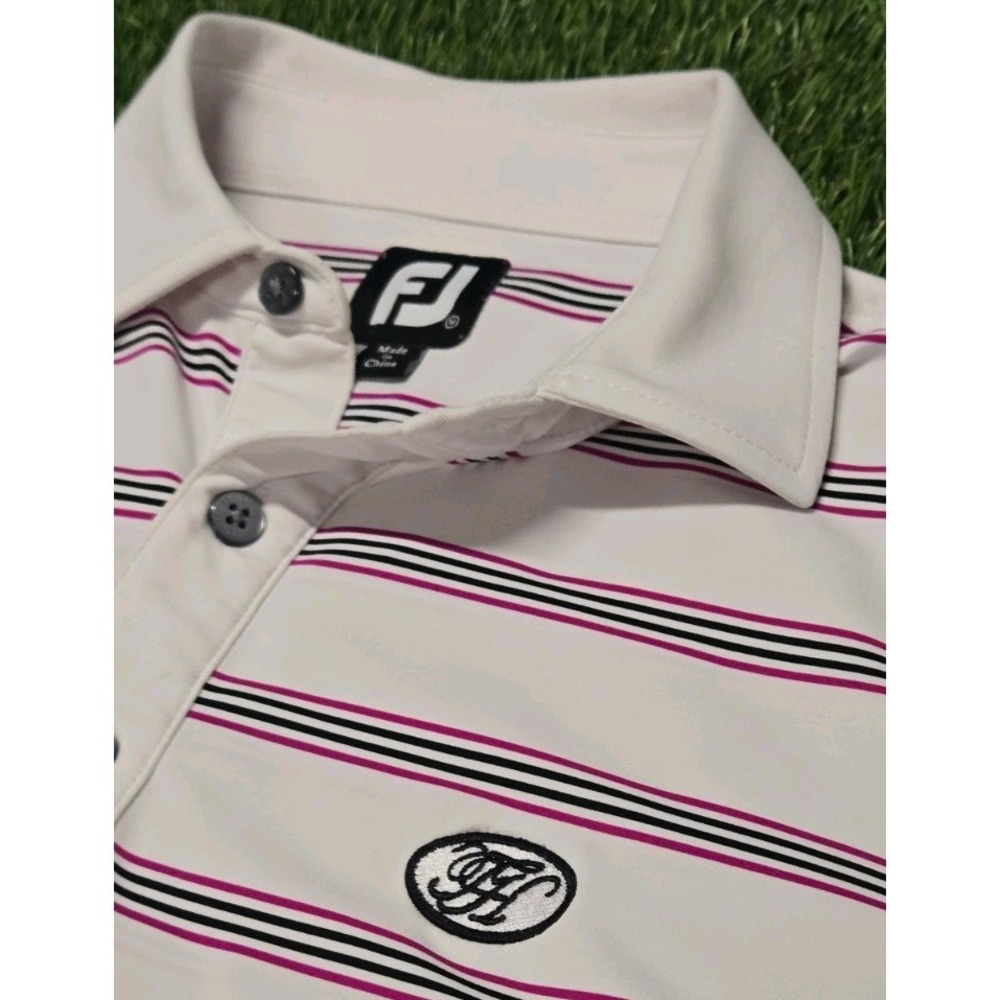 FootJoy FJ ProDry Golf Polo Shirt Mens Medium  White Purple Navy Striped FH Logo